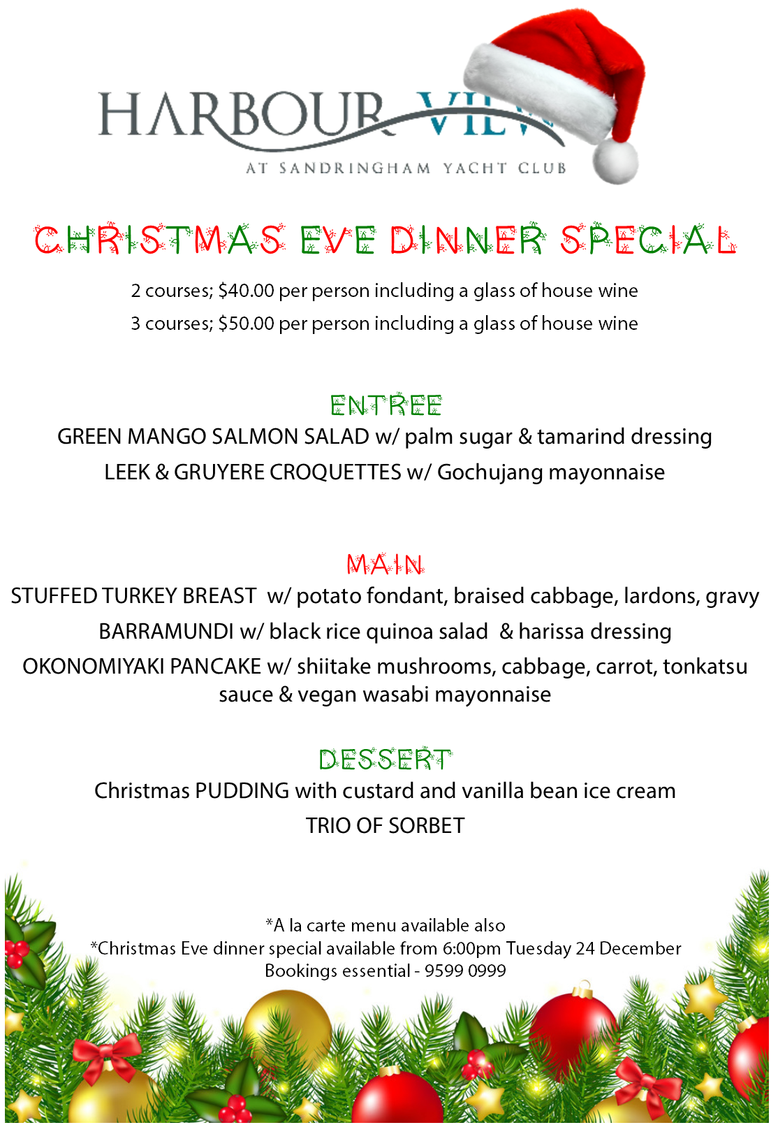 Christmas Eve Dinner Special Harbour View Restaurant